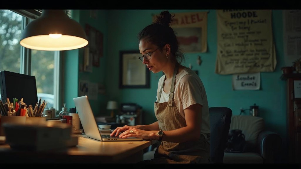 A small-business owner in an apron leaning over a laptop on a cluttered back-office desk late in the day, photographed in Glendale