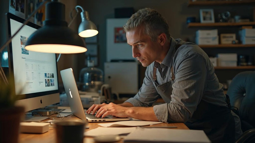 A small-business owner in an apron leaning over a laptop on a cluttered back-office desk late in the day, photographed in Glendale