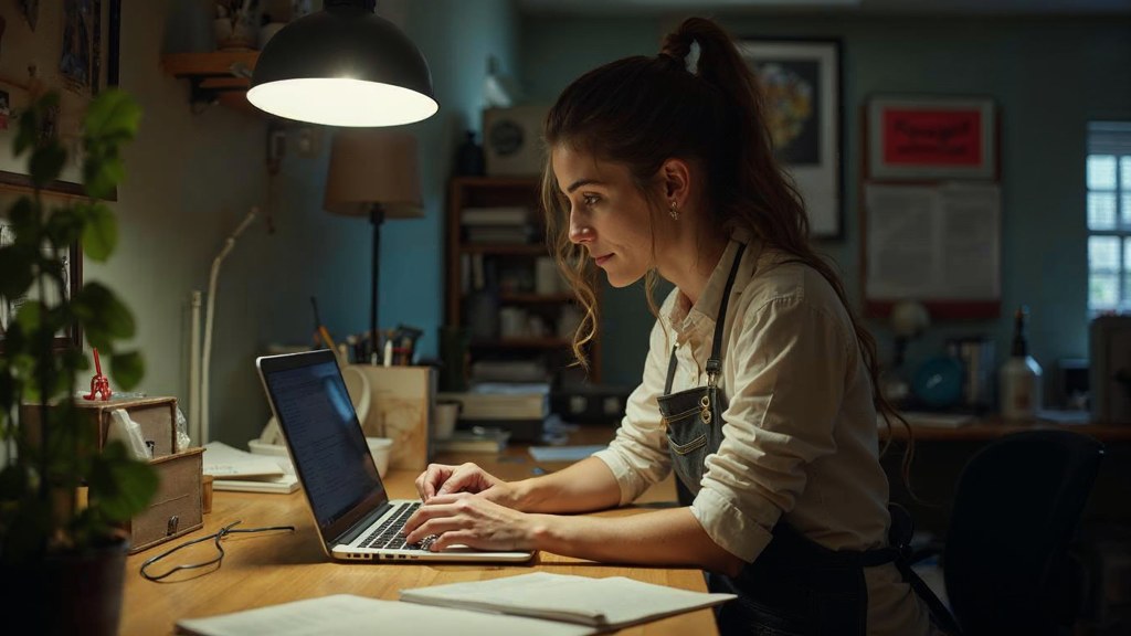 A small-business owner in an apron leaning over a laptop on a cluttered back-office desk late in the day, photographed in Glendale