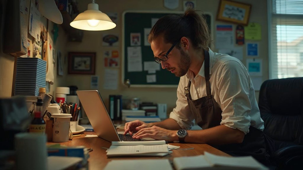 A small-business owner in an apron leaning over a laptop on a cluttered back-office desk late in the day, photographed in Glendale