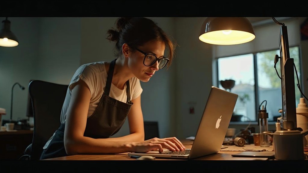 A small-business owner in an apron leaning over a laptop on a cluttered back-office desk late in the day, photographed in Glendale