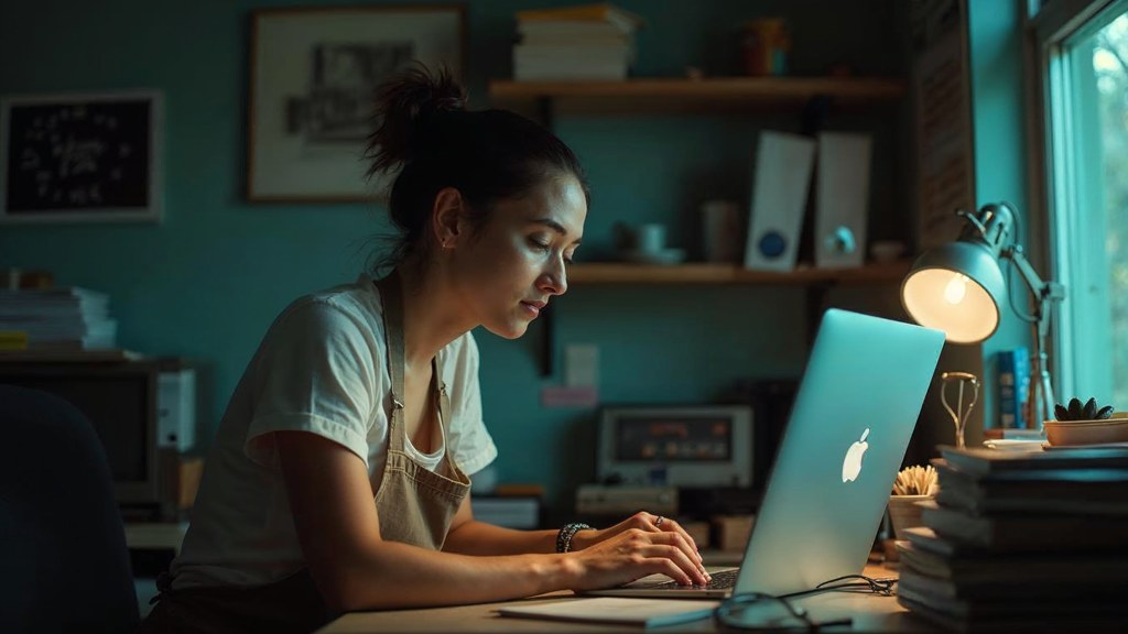 A small-business owner in an apron leaning over a laptop on a cluttered back-office desk late in the day, photographed in Glendale