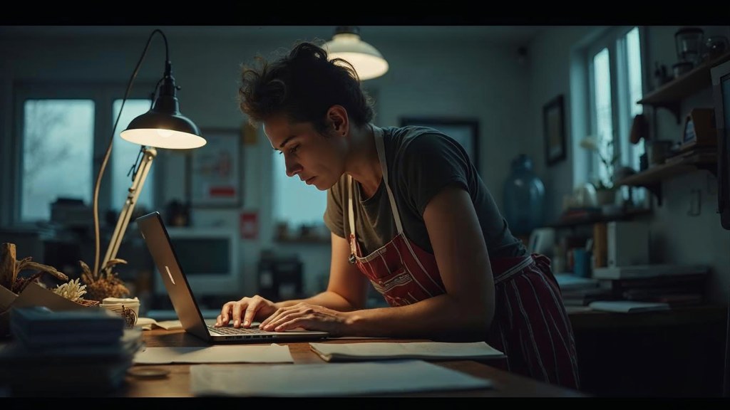 A small-business owner in an apron leaning over a laptop on a cluttered back-office desk late in the day, photographed in Glendale
