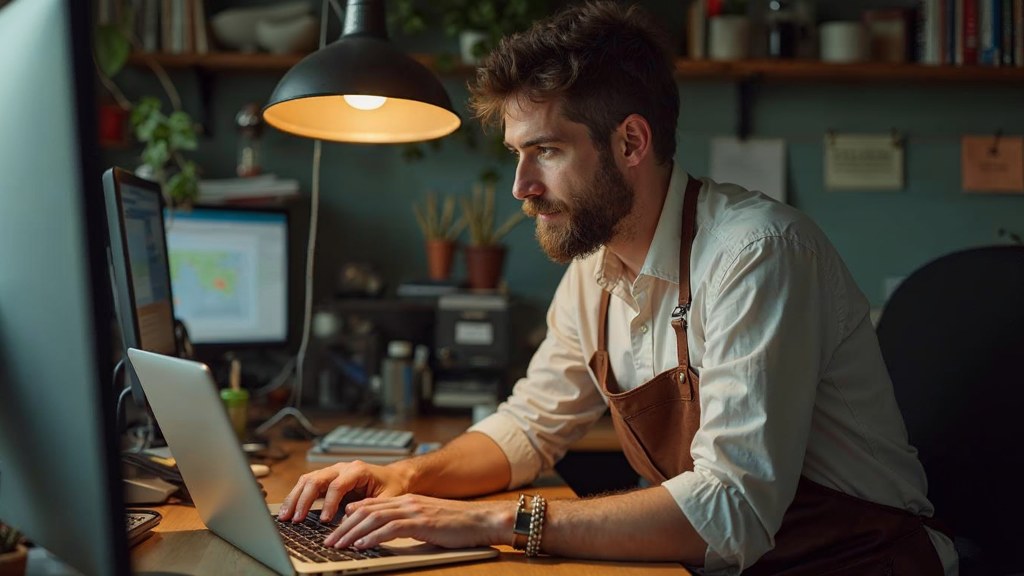 A small-business owner in an apron leaning over a laptop on a cluttered back-office desk late in the day, photographed in Glendale