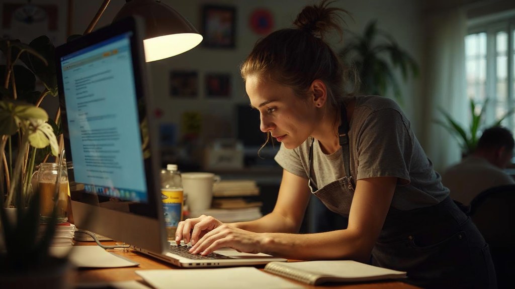 A small-business owner in an apron leaning over a laptop on a cluttered back-office desk late in the day, photographed in Glendale