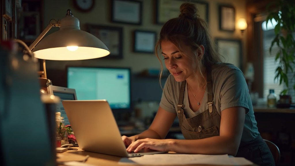 A small-business owner in an apron leaning over a laptop on a cluttered back-office desk late in the day, photographed in Glendale