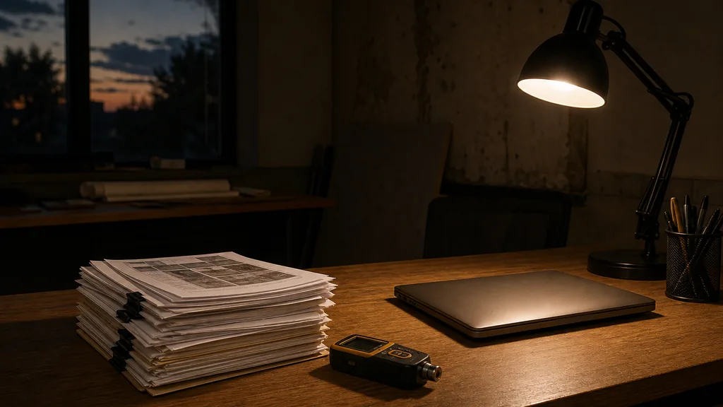 Editorial photograph of an empty desk in a restoration contractor office at dusk with a stack of printed job files and a moisture meter beside a closed laptop, no people, text or signage