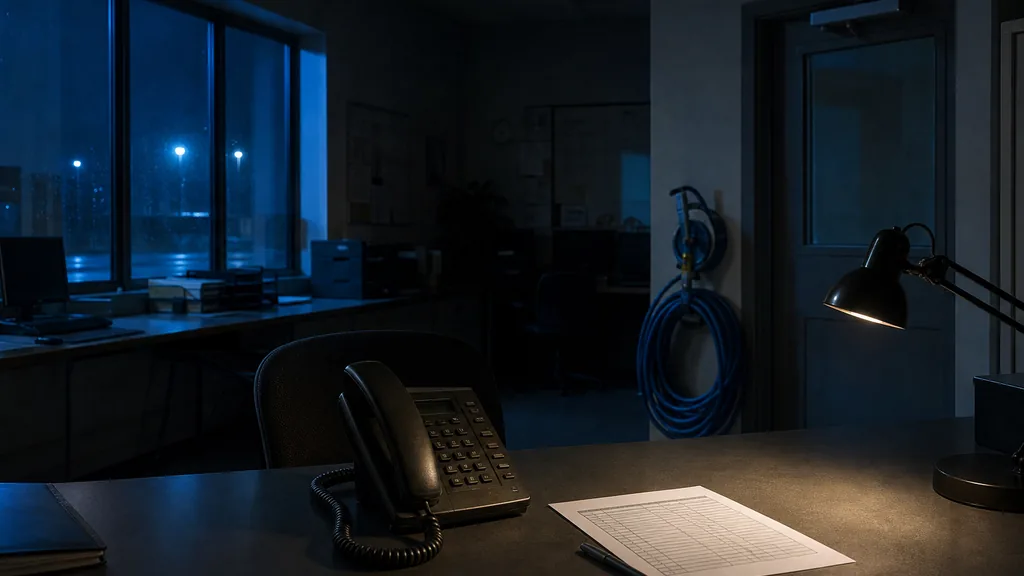 Editorial photograph of an empty restoration dispatch office at night with a phone handset and a printed route sheet on a desk beside a coiled hose reel by the door, no people, text or signage