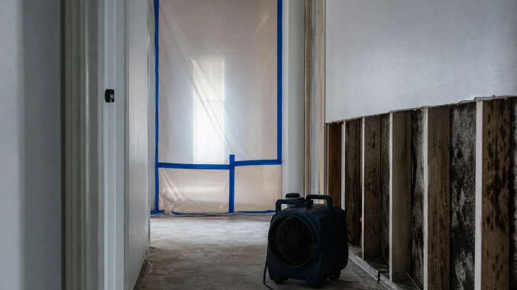 Editorial photograph of an empty hallway under mold remediation with plastic containment sheeting taped across a doorway and an air scrubber running beside a stripped wall, no people, text or signage