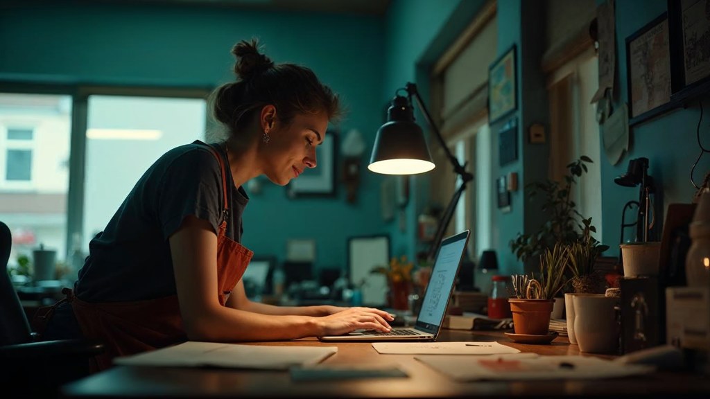 A small-business owner in an apron leaning over a laptop on a cluttered back-office desk late in the day, photographed in Fresno