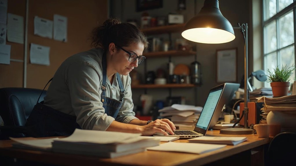 A small-business owner in an apron leaning over a laptop on a cluttered back-office desk late in the day, photographed in Fresno