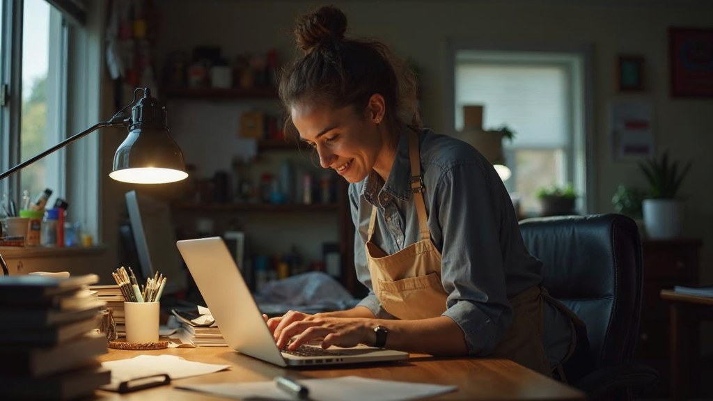 A small-business owner in an apron leaning over a laptop on a cluttered back-office desk late in the day, photographed in Fresno