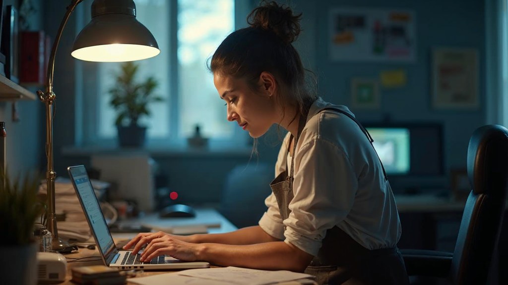 A small-business owner in an apron leaning over a laptop on a cluttered back-office desk late in the day, photographed in Fresno