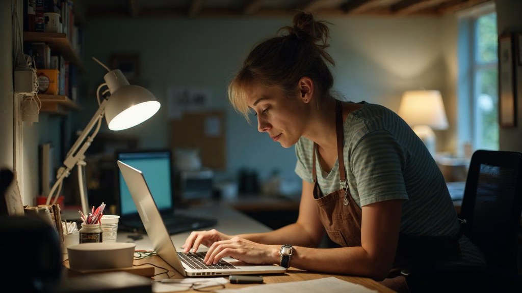 A small-business owner in an apron leaning over a laptop on a cluttered back-office desk late in the day, photographed in Fresno