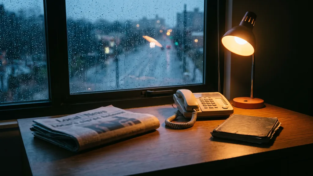 Editorial photograph of an empty regional newsroom desk at dusk with a printed local newspaper, a landline phone and a closed notebook beside a rain-streaked window, no people, text or signage