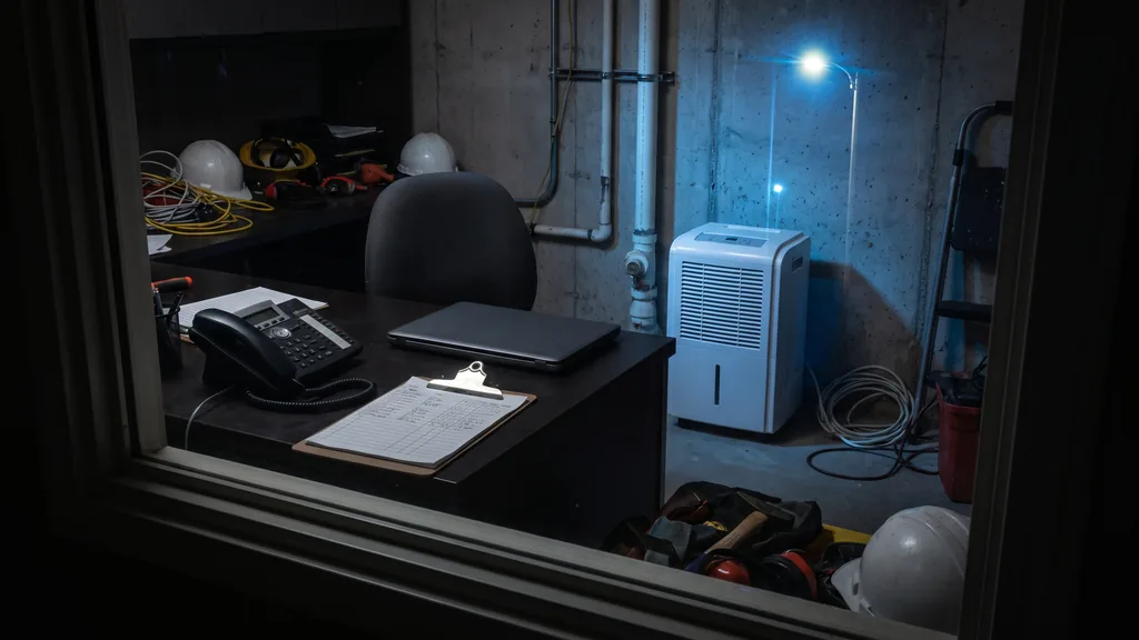 Editorial photograph of an empty contractor back office at night with a desk phone beside a closed laptop, a clipboard of job sheets and a dehumidifier against the wall, no people, text or signage