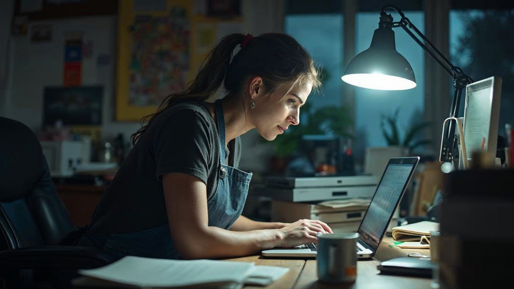 A small-business owner in an apron leaning over a laptop on a cluttered back-office desk late in the day, photographed in Greensboro