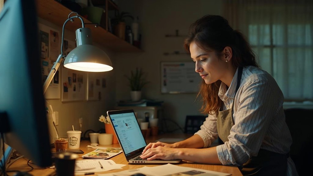 A small-business owner in an apron leaning over a laptop on a cluttered back-office desk late in the day, photographed in Greensboro