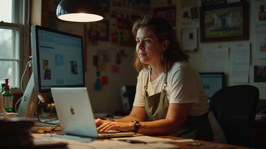 A small-business owner in an apron leaning over a laptop on a cluttered back-office desk late in the day, photographed in Greensboro