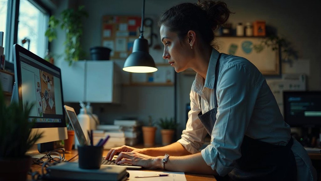 A small-business owner in an apron leaning over a laptop on a cluttered back-office desk late in the day, photographed in Greensboro