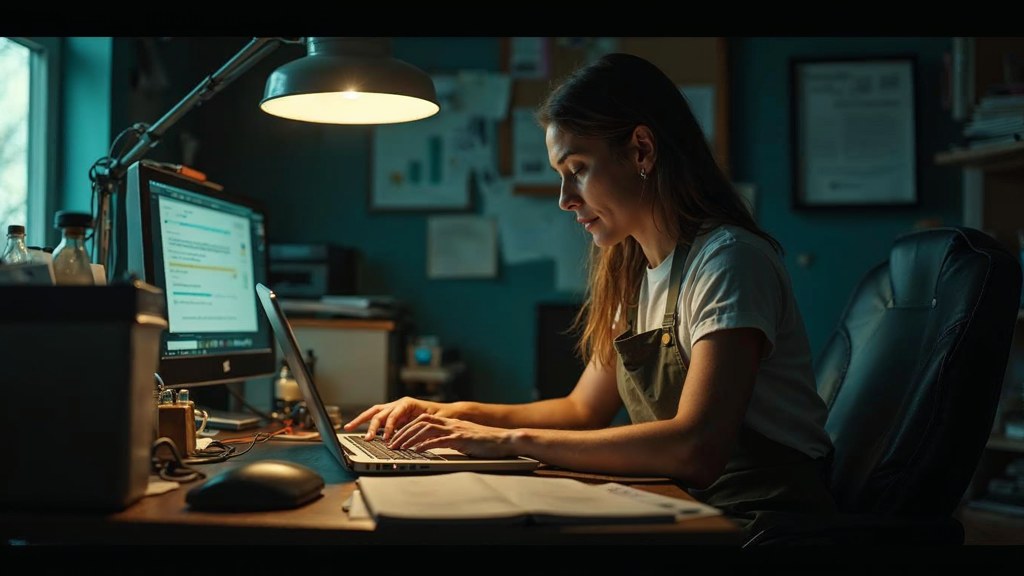 A small-business owner in an apron leaning over a laptop on a cluttered back-office desk late in the day, photographed in Greensboro