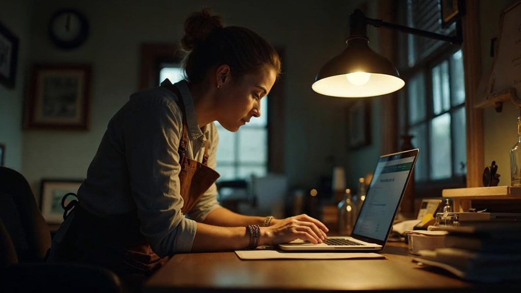 A small-business owner in an apron leaning over a laptop on a cluttered back-office desk late in the day, photographed in Greensboro