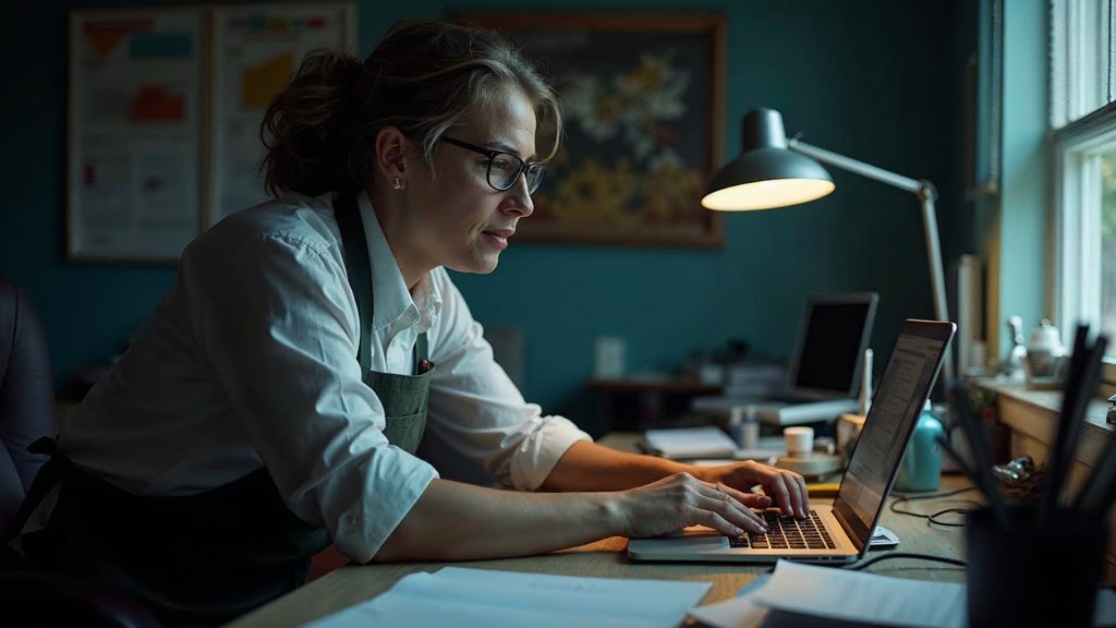 A small-business owner in an apron leaning over a laptop on a cluttered back-office desk late in the day, photographed in Greensboro