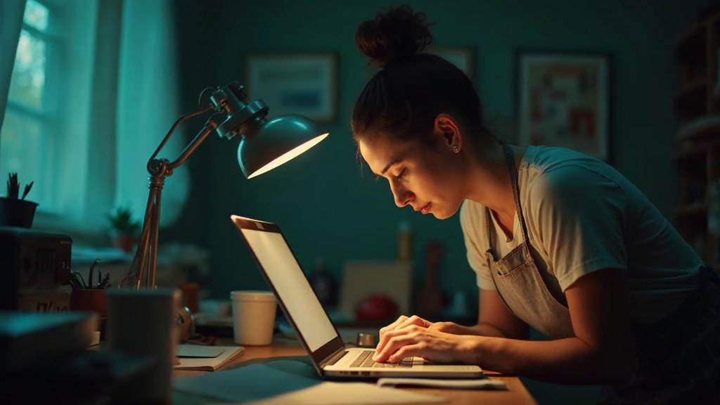 A small-business owner in an apron leaning over a laptop on a cluttered back-office desk late in the day, photographed in Greensboro