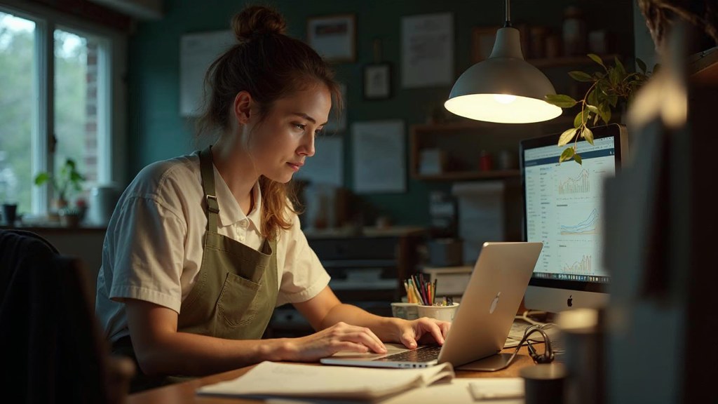 A small-business owner in an apron leaning over a laptop on a cluttered back-office desk late in the day, photographed in Greensboro