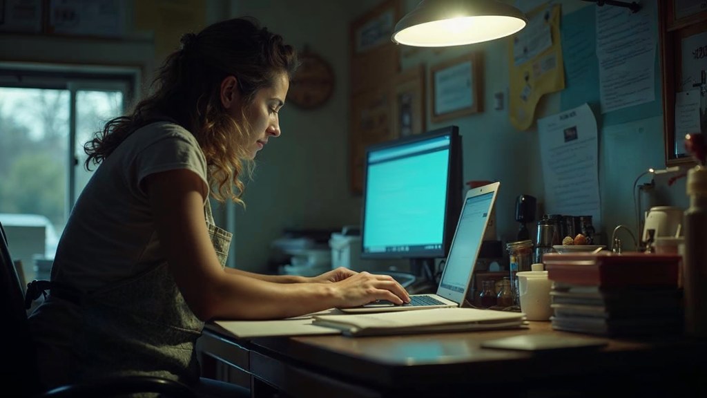 A small-business owner in an apron leaning over a laptop on a cluttered back-office desk late in the day, photographed in Greensboro