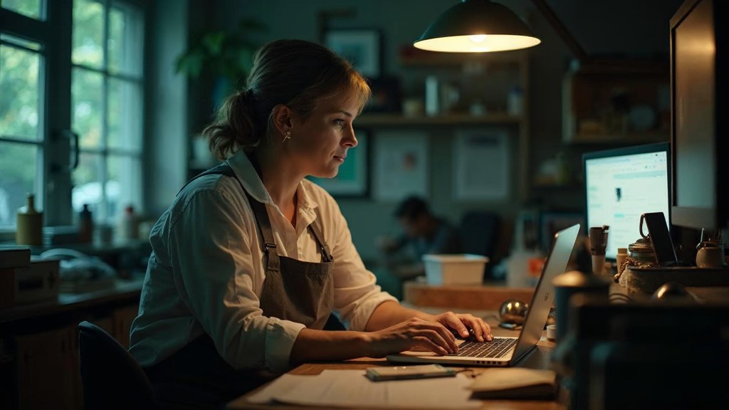 A small-business owner in an apron leaning over a laptop on a cluttered back-office desk late in the day, photographed in Greensboro