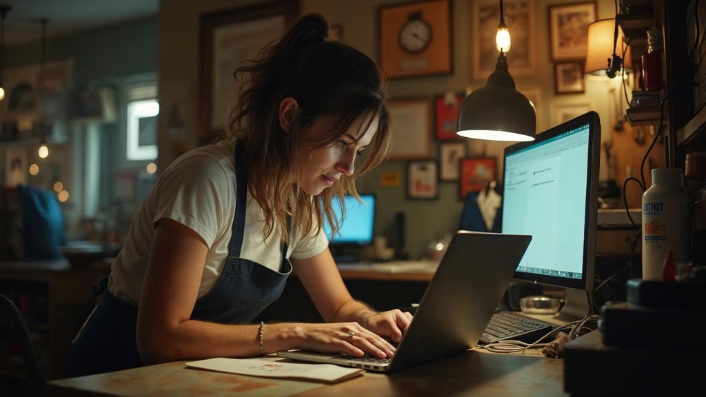 A small-business owner in an apron leaning over a laptop on a cluttered back-office desk late in the day, photographed in Greensboro