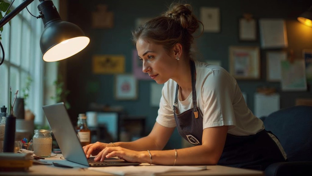 A small-business owner in an apron leaning over a laptop on a cluttered back-office desk late in the day, photographed in Greensboro