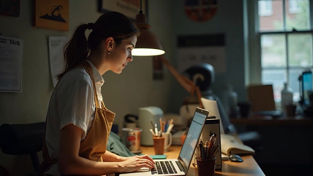 A small-business owner in an apron leaning over a laptop on a cluttered back-office desk late in the day, photographed in Greensboro