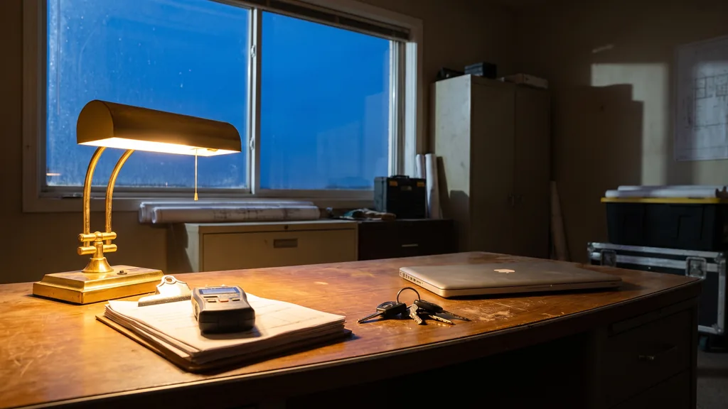 Editorial photograph of an empty restoration contractor office at dusk with a clipboard of job files, a moisture meter and truck keys on a worn desk beside a closed laptop, no people, text or signage