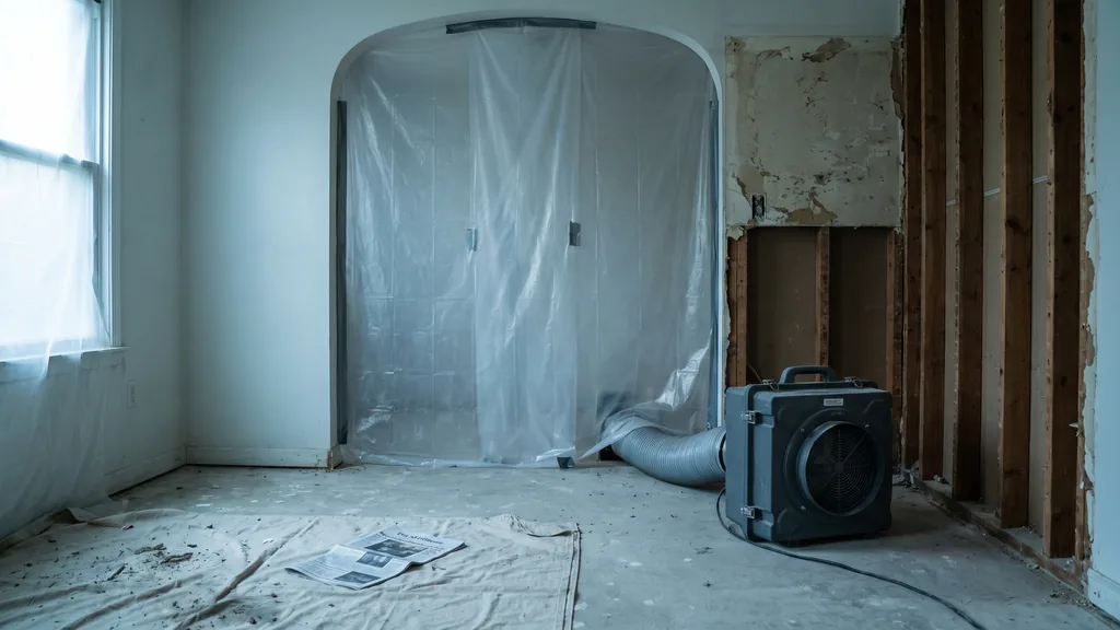 Editorial photograph of an empty room mid mold remediation with plastic containment sheeting taped across a doorway and an air scrubber running beside a stripped wall, no people, text or signage