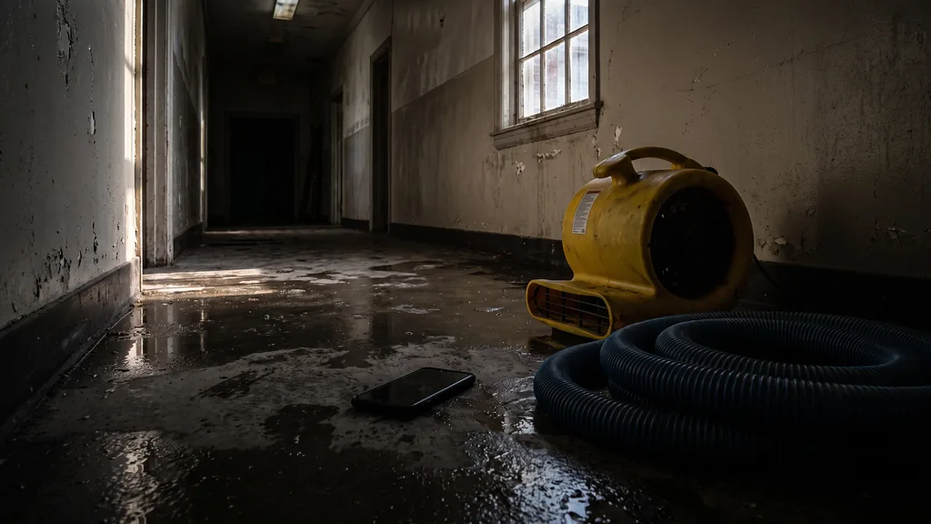Editorial photograph of a wet hallway after a water loss with a phone face down on a damp floor beside an air mover and a coiled extraction hose, no people, text or signage