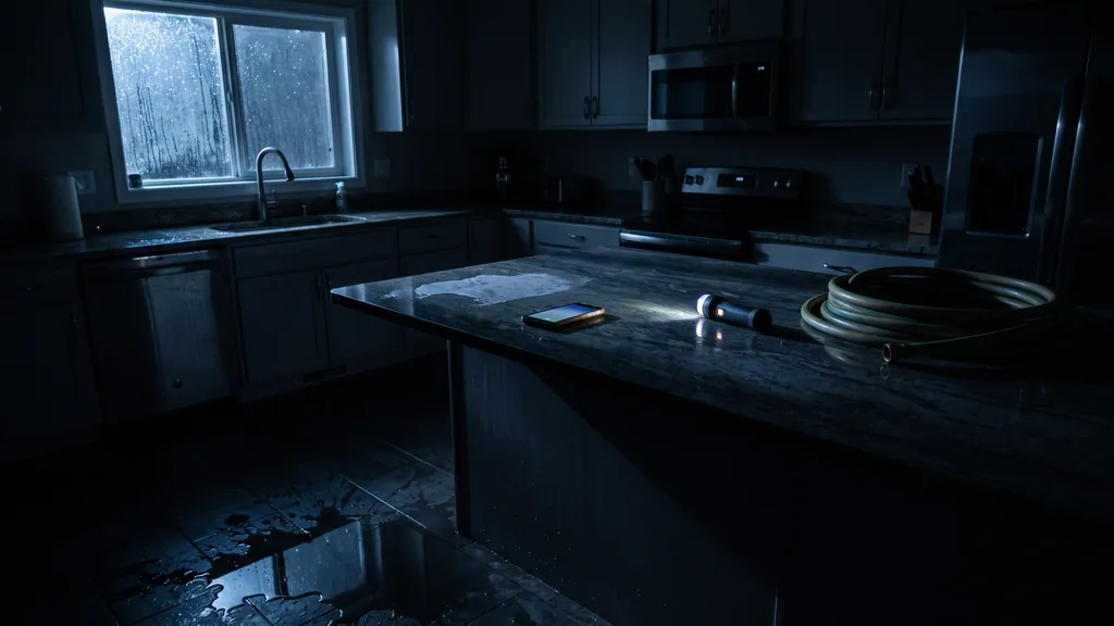 Editorial photograph of a dark kitchen at night after a water loss with a phone lit on a wet counter beside a torch and a coiled hose, no people, text or signage