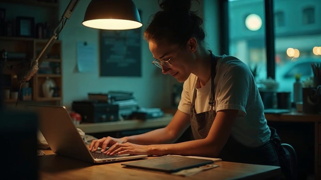 A small-business owner in an apron leaning over a laptop on a cluttered back-office desk late in the day, photographed in Hamilton