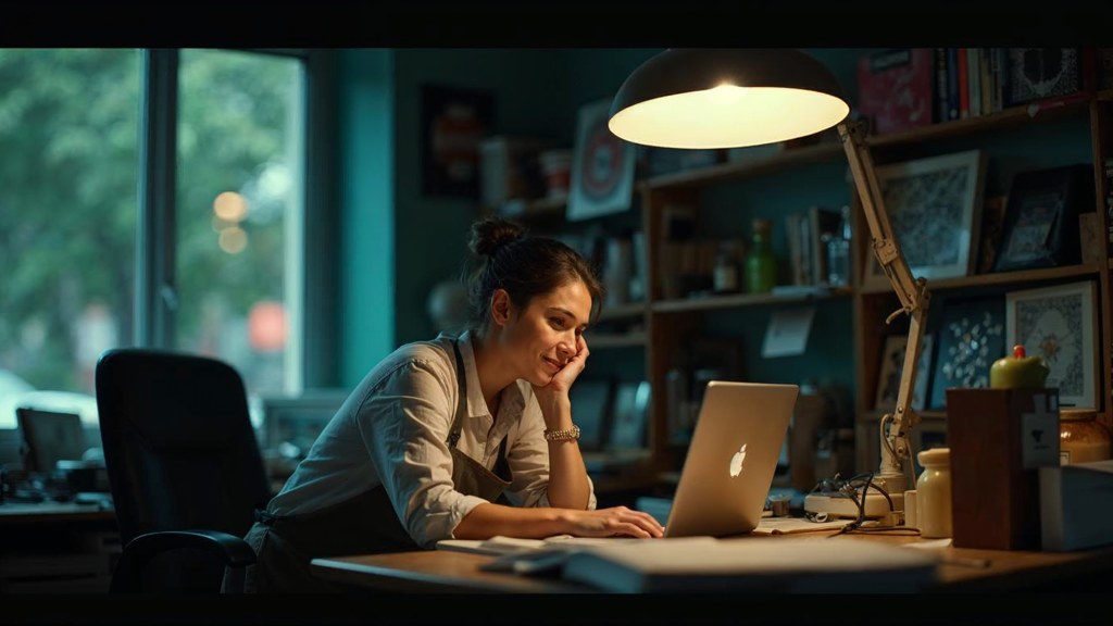 A small-business owner in an apron leaning over a laptop on a cluttered back-office desk late in the day, photographed in Hamilton