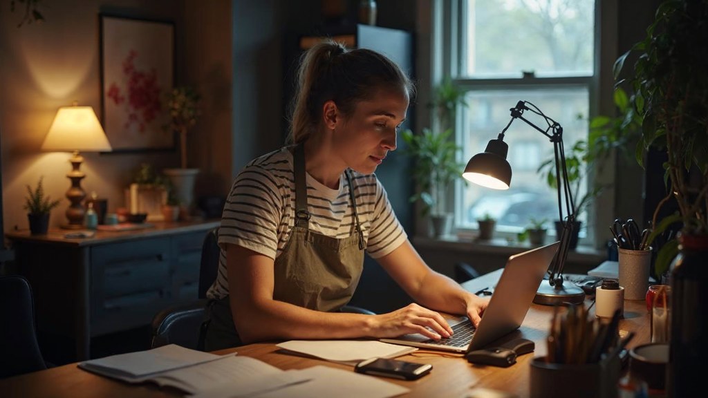 A small-business owner in an apron leaning over a laptop on a cluttered back-office desk late in the day, photographed in Hamilton