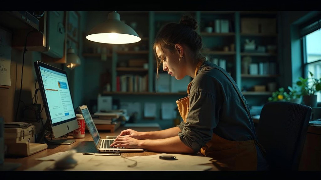 A small-business owner in an apron leaning over a laptop on a cluttered back-office desk late in the day, photographed in Hamilton