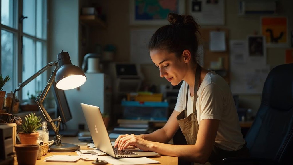 A small-business owner in an apron leaning over a laptop on a cluttered back-office desk late in the day, photographed in Hamilton