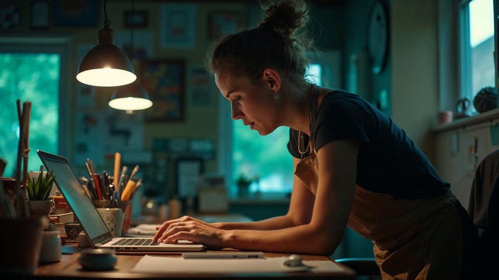 A small-business owner in an apron leaning over a laptop on a cluttered back-office desk late in the day, photographed in Hamilton