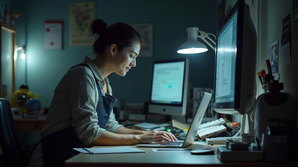 A small-business owner in an apron leaning over a laptop on a cluttered back-office desk late in the day, photographed in Hamilton