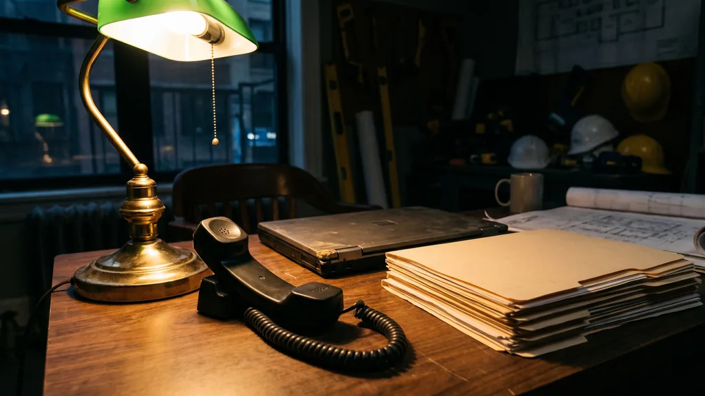 Editorial photograph of a small contractor office desk at night with a landline handset off the hook beside a closed laptop and a stack of unlabelled job folders, no people, text or signage