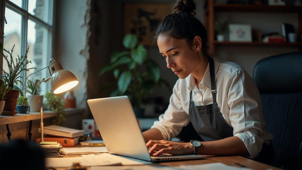 A small-business owner in an apron leaning over a laptop on a cluttered back-office desk late in the day, photographed in Hamilton