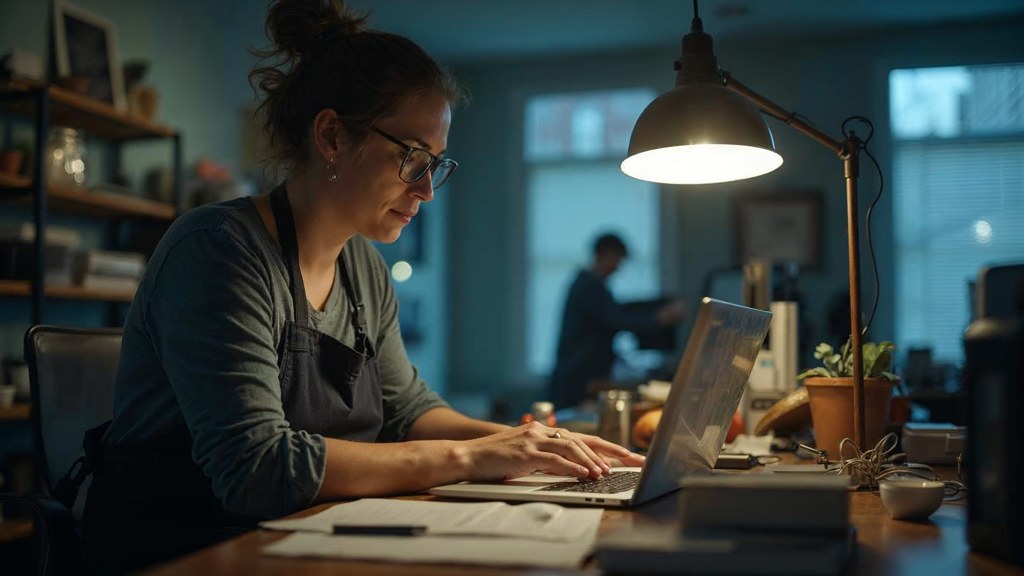 A small-business owner in an apron leaning over a laptop on a cluttered back-office desk late in the day, photographed in Hamilton