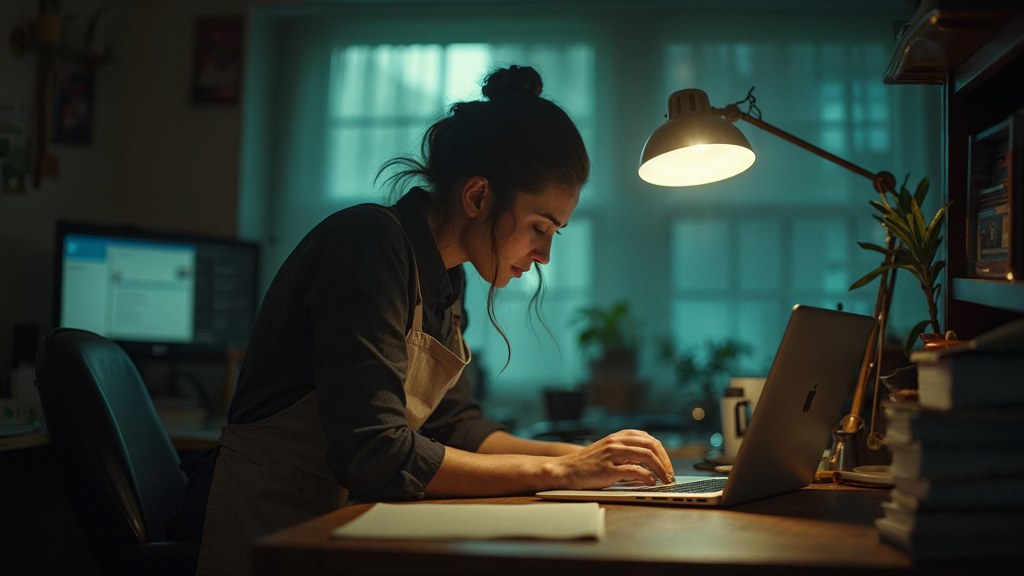 A small-business owner in an apron leaning over a laptop on a cluttered back-office desk late in the day, photographed in Hamilton