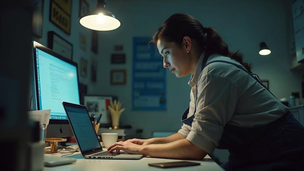 A small-business owner in an apron leaning over a laptop on a cluttered back-office desk late in the day, photographed in Hamilton